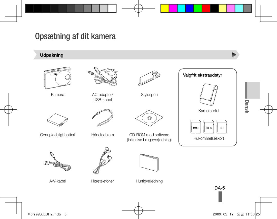 Samsung EC-ST10ZSBP/SA Opsætning af dit kamera, DA-5, Udpakning, Valgfrit ekstraudstyr, KabelHøretelefonerHurtigvejledning 