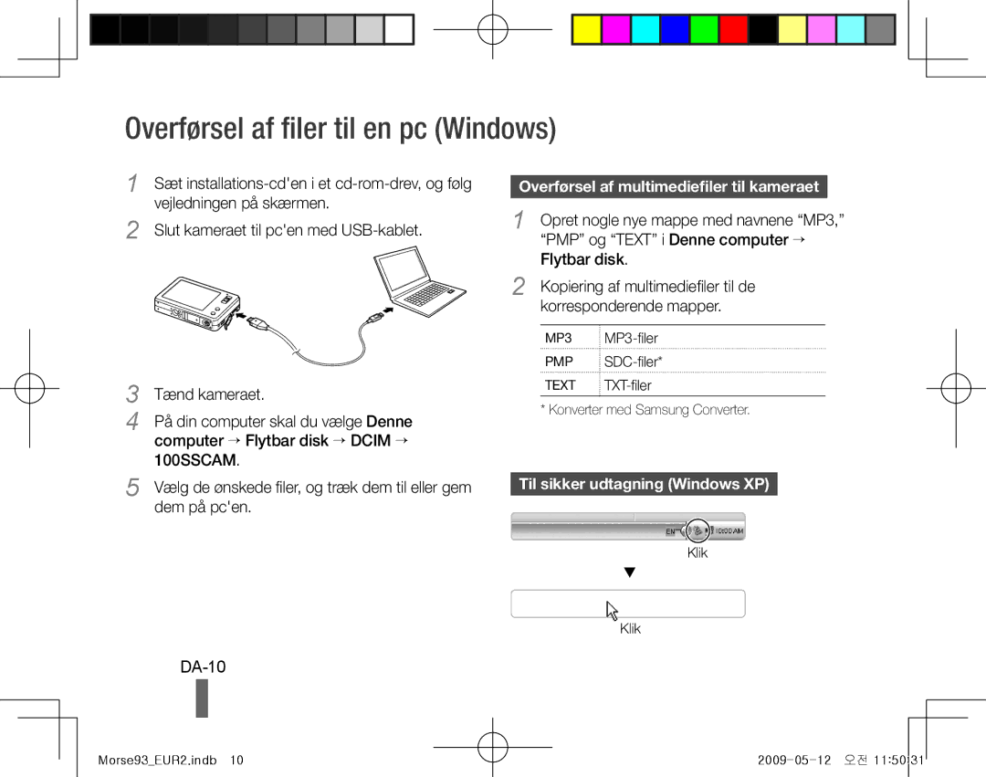 Samsung EC-ST10ZABP/SA manual Overførsel af filer til en pc Windows, DA-10, Overførsel af multimediefiler til kameraet 