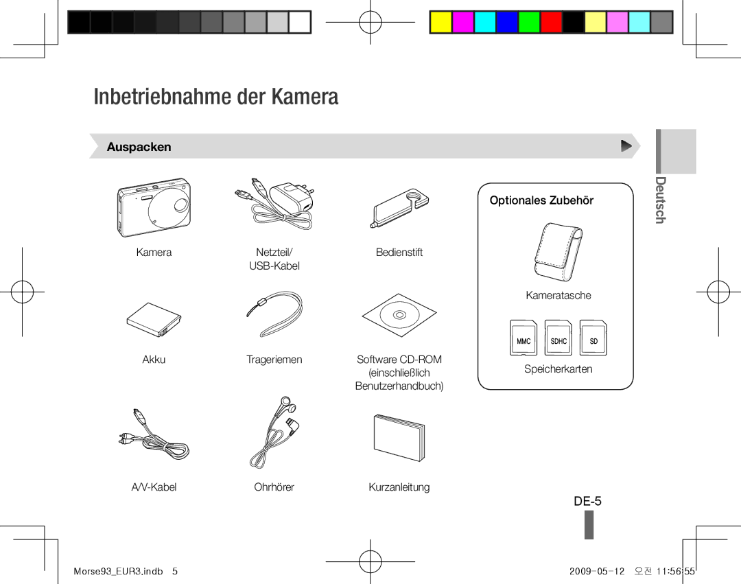 Samsung EC-ST10ZSBP/VN, EC-ST10ZABP/FR manual Inbetriebnahme der Kamera, DE-5, Auspacken, Optionales Zubehör, Kabel Ohrhörer 