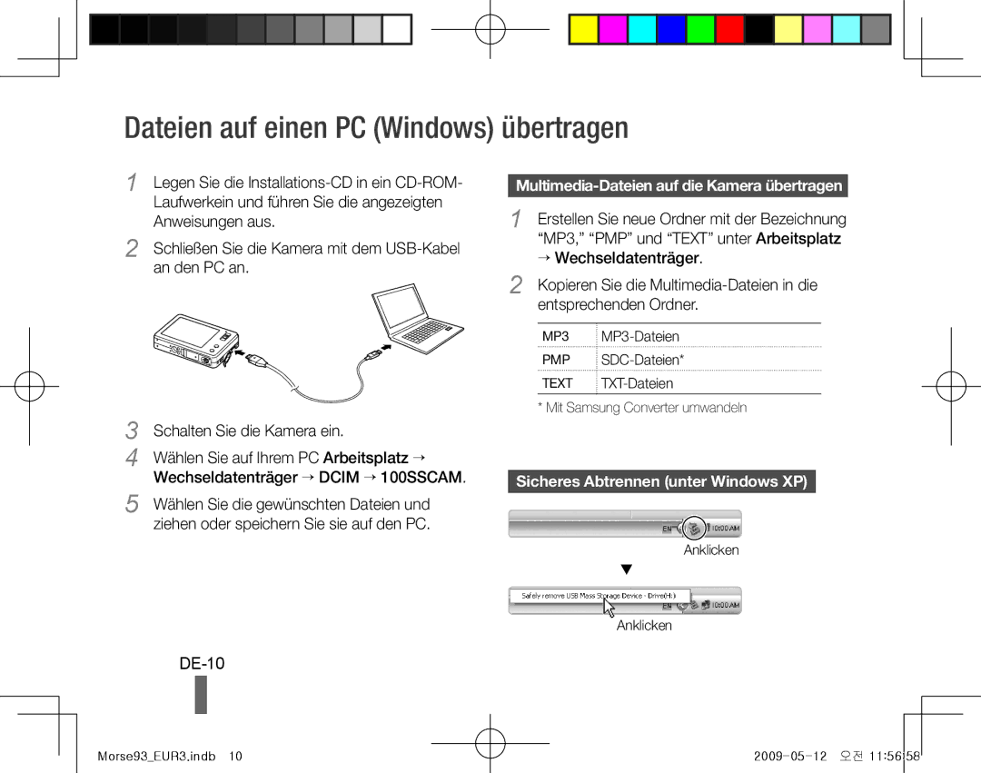 Samsung EC-ST10ZBBP/RU manual Dateien auf einen PC Windows übertragen, DE-10, Multimedia-Dateien auf die Kamera übertragen 