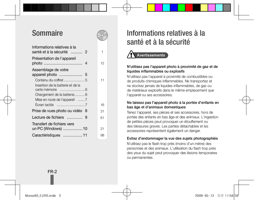 Samsung EC-ST10ZPBA/RU manual Sommaire, Informations relatives à la santé et à la sécurité, FR-2, Caractéristiques… …………… 