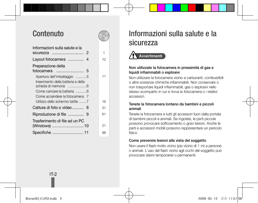 Samsung EC-ST10ZABA/IT, EC-ST10ZABP/FR manual Contenuto, Informazioni sulla salute e la sicurezza, IT-2, Sicurezza… …………………… 