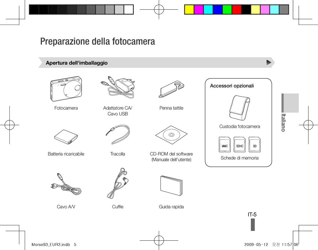 Samsung EC-ST10ZSBP/SA Preparazione della fotocamera, IT-5, Apertura dellimballaggio, Accessori opzionali, Cavo A/V Cuffie 