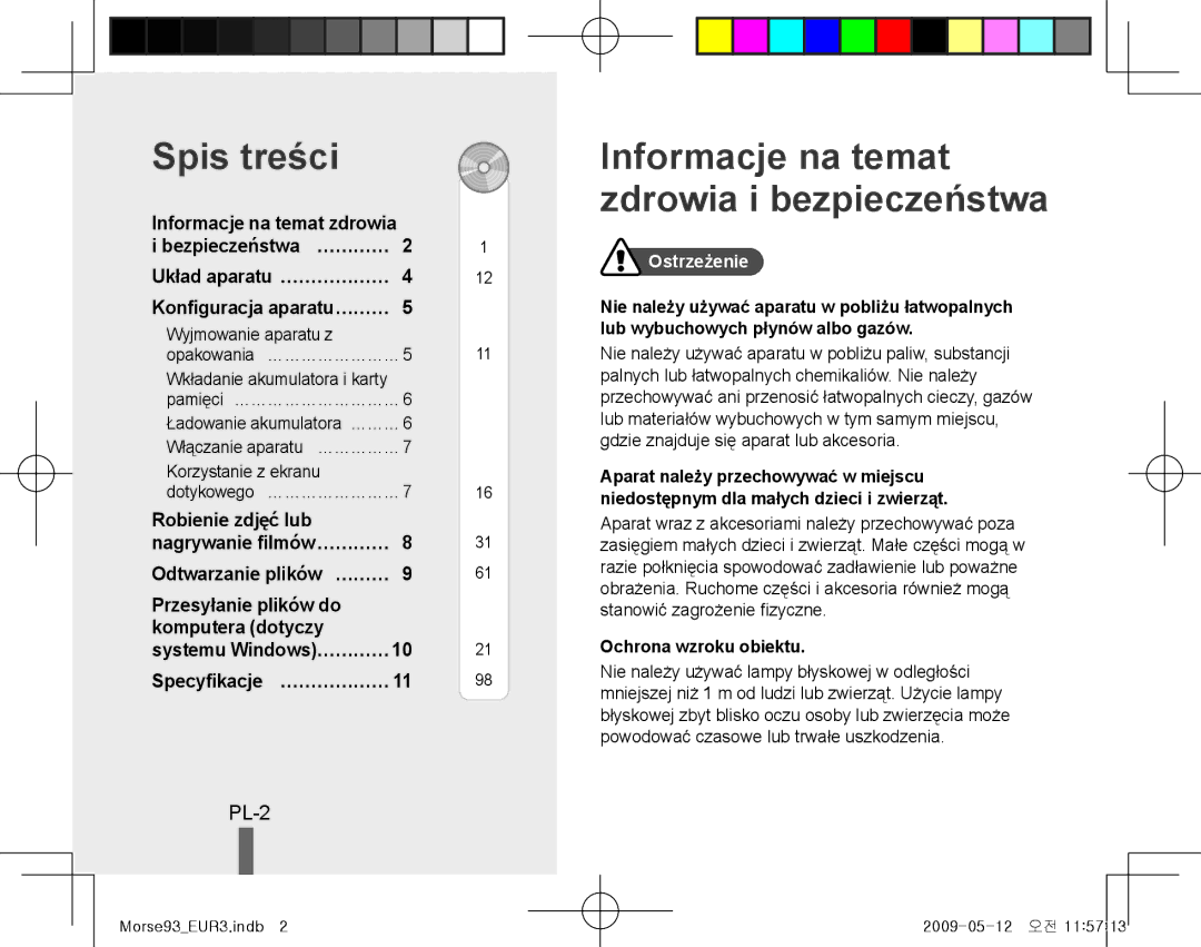 Samsung EC-ST10ZABP/VN, EC-ST10ZABP/FR manual Spis treści, Informacje na temat zdrowia i bezpieczeństwa, PL-2, Ostrzeżenie 