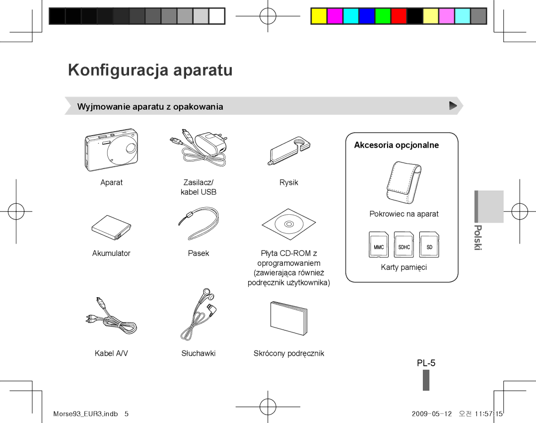 Samsung EC-ST10ZGBP/VN, EC-ST10ZABP/FR Konfiguracja aparatu, PL-5, Wyjmowanie aparatu z opakowania Akcesoria opcjonalne 