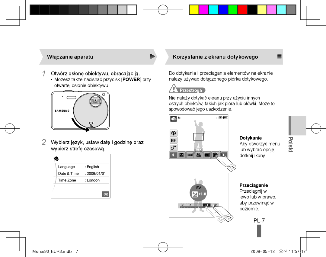 Samsung EC-ST10ZGBA/RU manual PL-7, Włączanie aparatu, Otwórz osłonę obiektywu, obracając ją, Wybierz strefę czasową 