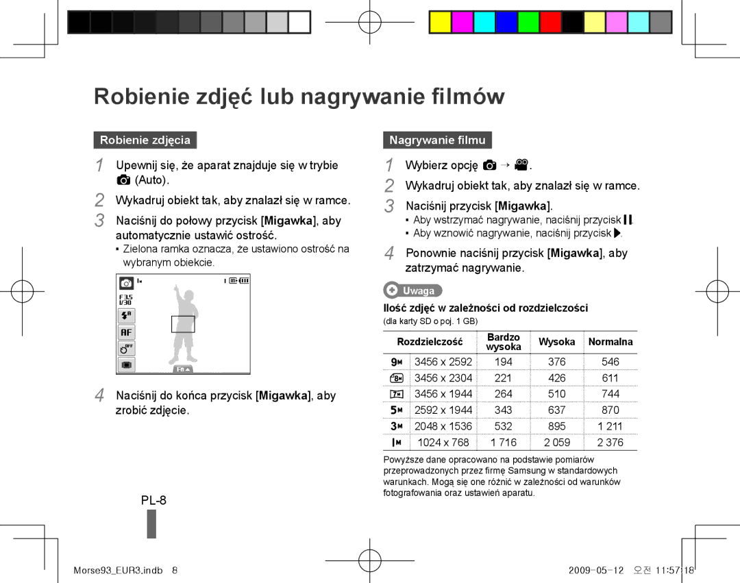 Samsung EC-ST10ZBBP/RU, EC-ST10ZABP/FR manual Robienie zdjęć lub nagrywanie filmów, PL-8, Robienie zdjęcia, Nagrywanie filmu 