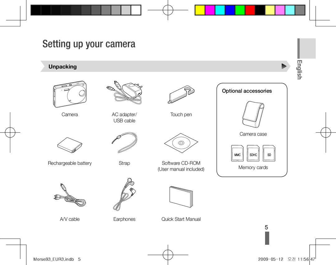 Samsung EC-ST10ZRBP/IT, EC-ST10ZABP/FR manual Setting up your camera, Unpacking, Optional accessories, Cable Earphones 