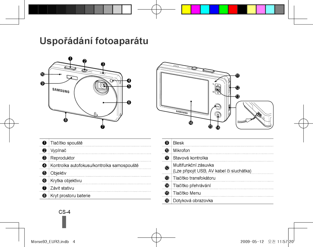 Samsung EC-ST10ZRBP/RU, EC-ST10ZABP/FR, EC-ST10ZSBP/IT manual Uspořádání fotoaparátu, CS-4, Tlačítko spouště, Blesk, Vypínač 