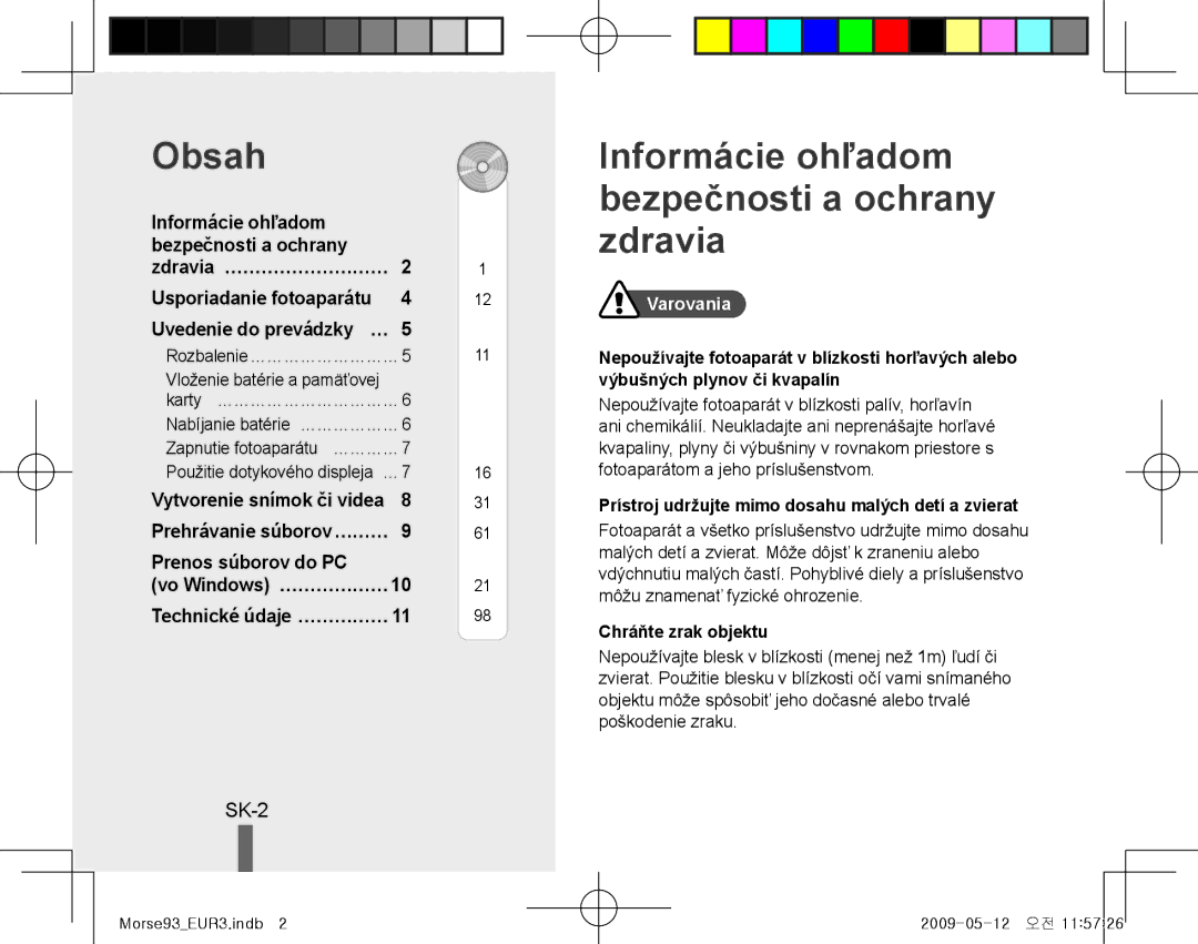 Samsung EC-ST10ZABP/ME manual Informácie ohľadom bezpečnosti a ochrany zdravia, SK-2, Prenos súborov do PC, Varovania 