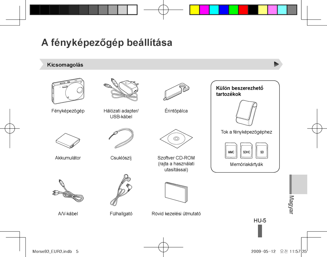 Samsung EC-ST10ZGBA/RU, EC-ST10ZABP/FR manual Fényképezőgép beállítása, HU-5, Kicsomagolás, Külön beszerezhető tartozékok 