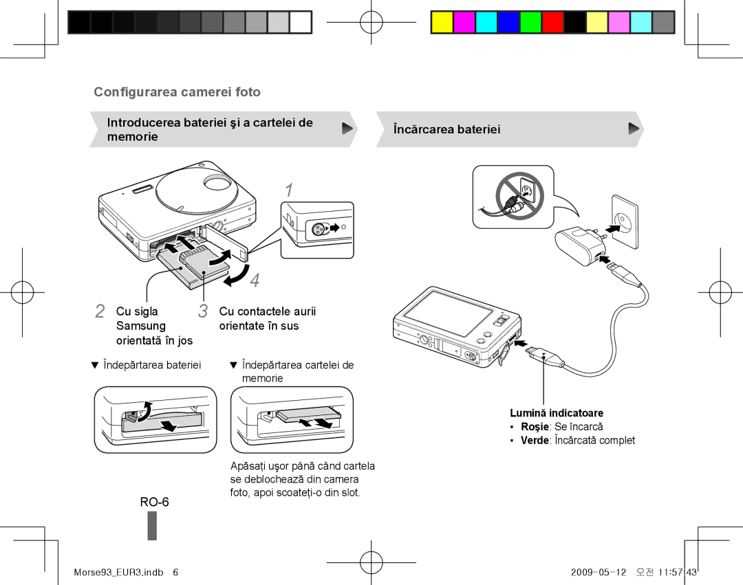 Samsung EC-ST10ZBBP/IT, EC-ST10ZABP/FR manual RO-6, Introducerea bateriei şi a cartelei de, Memorie, Încărcarea bateriei 