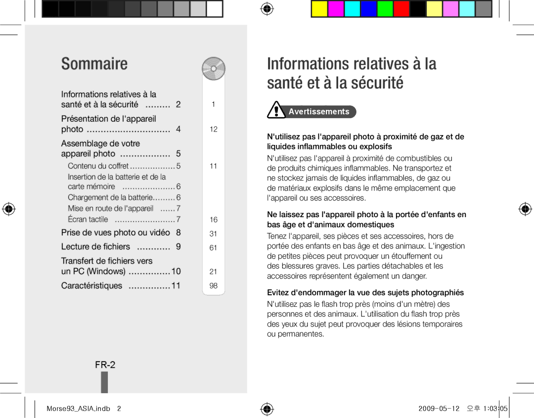 Samsung EC-ST10ZABP/SA manual Sommaire, Informations relatives à la santé et à la sécurité, FR-2, Caractéristiques… …………… 