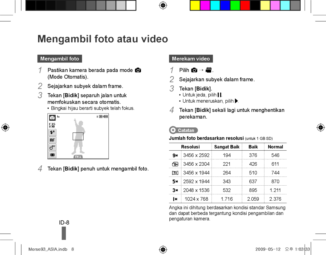 Samsung EC-ST10ZBBP/RU, EC-ST10ZABP/FR, EC-ST10ZSBP/IT, EC-ST10ZBBP/IT manual Mengambil foto atau video, ID-8, Merekam video 