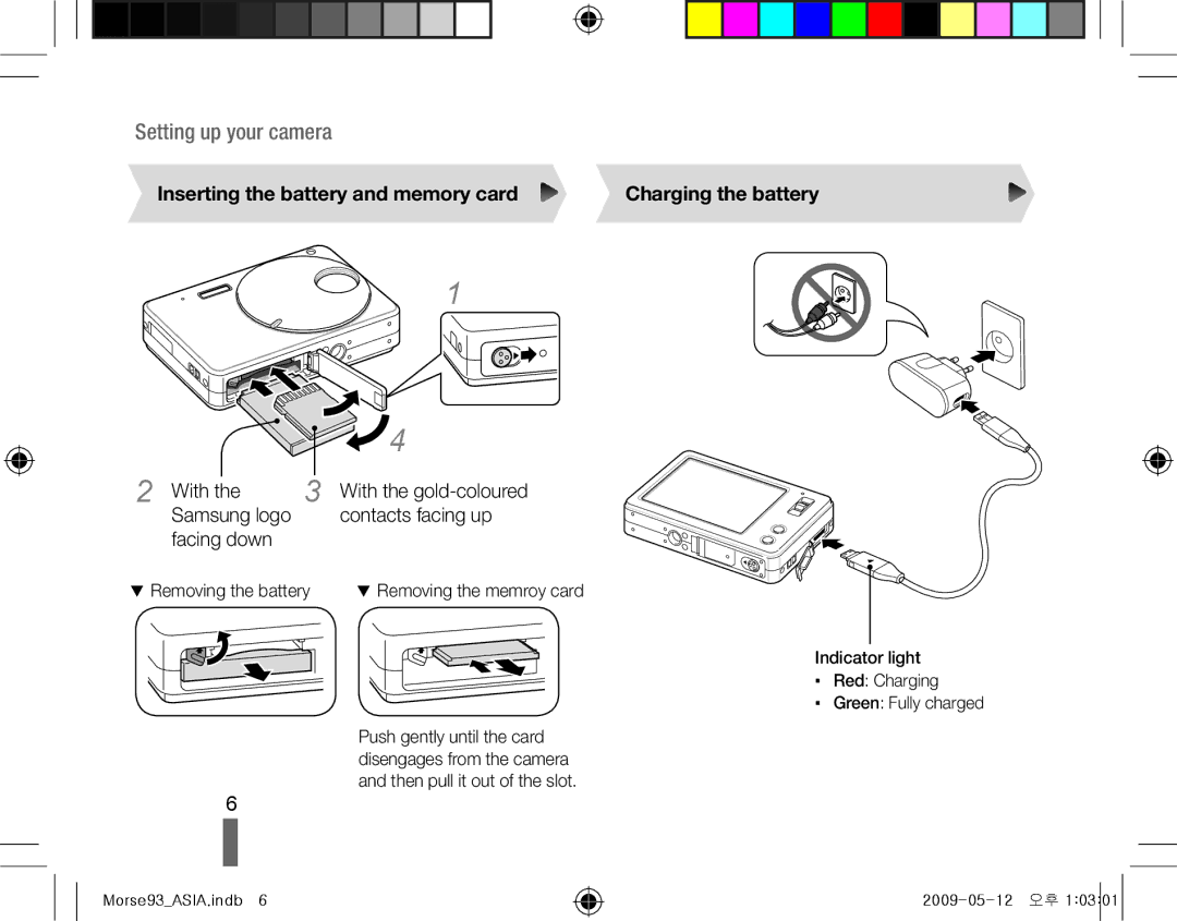 Samsung EC-ST10ZABP/ME manual Inserting the battery and memory card, With, Samsung logo, Facing down, Charging the battery 