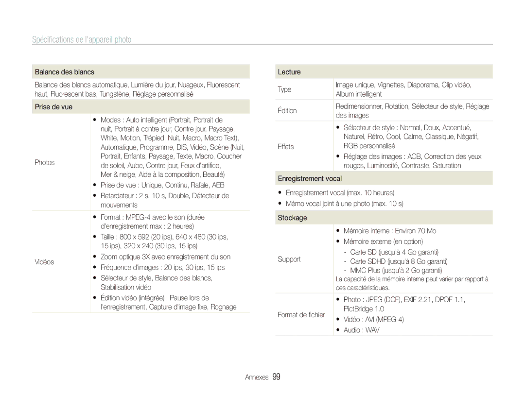 Samsung EC-ST10ZABP/FR manual Spéciﬁcations de lappareil photo 
