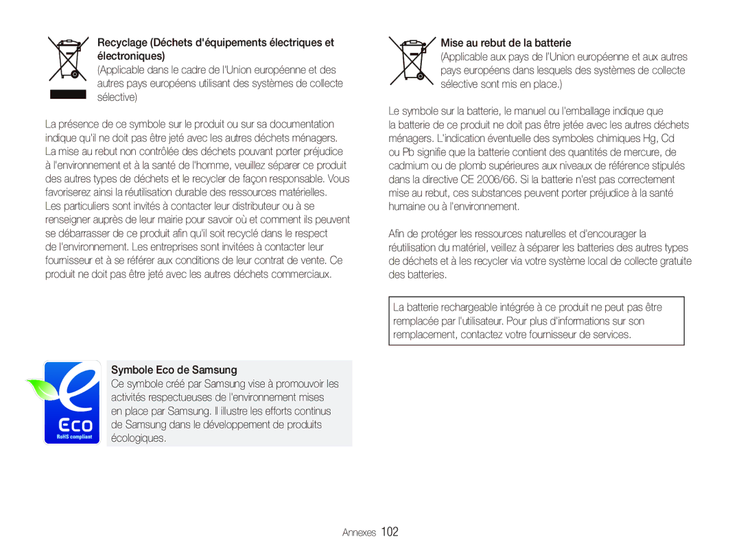 Samsung EC-ST10ZABP/FR manual Symbole Eco de Samsung, Mise au rebut de la batterie 