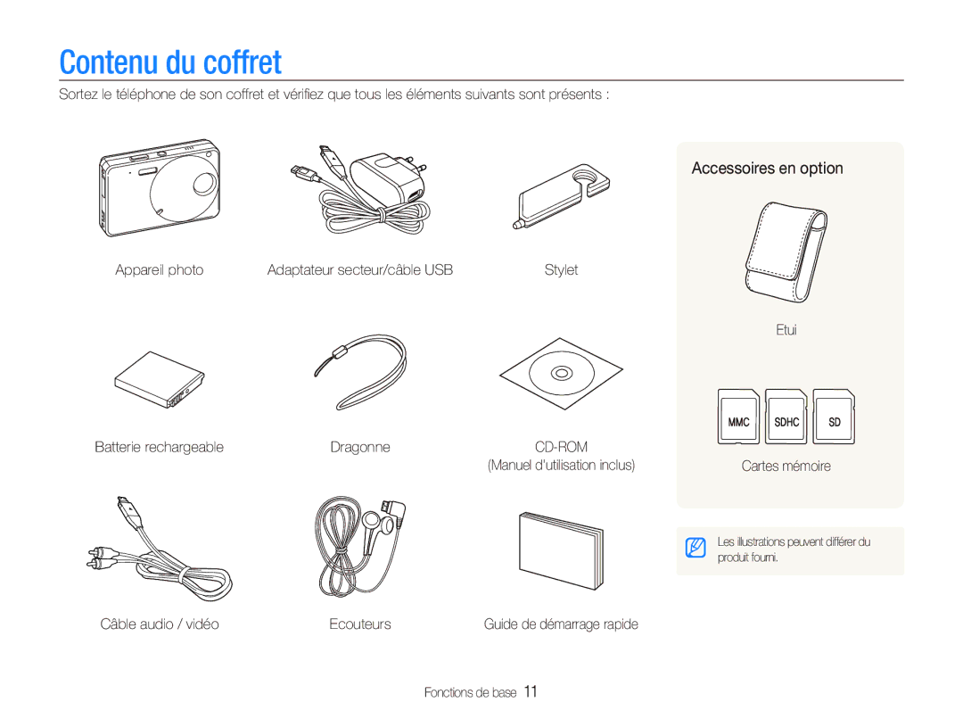 Samsung EC-ST10ZABP/FR manual Contenu du coffret, Accessoires en option 