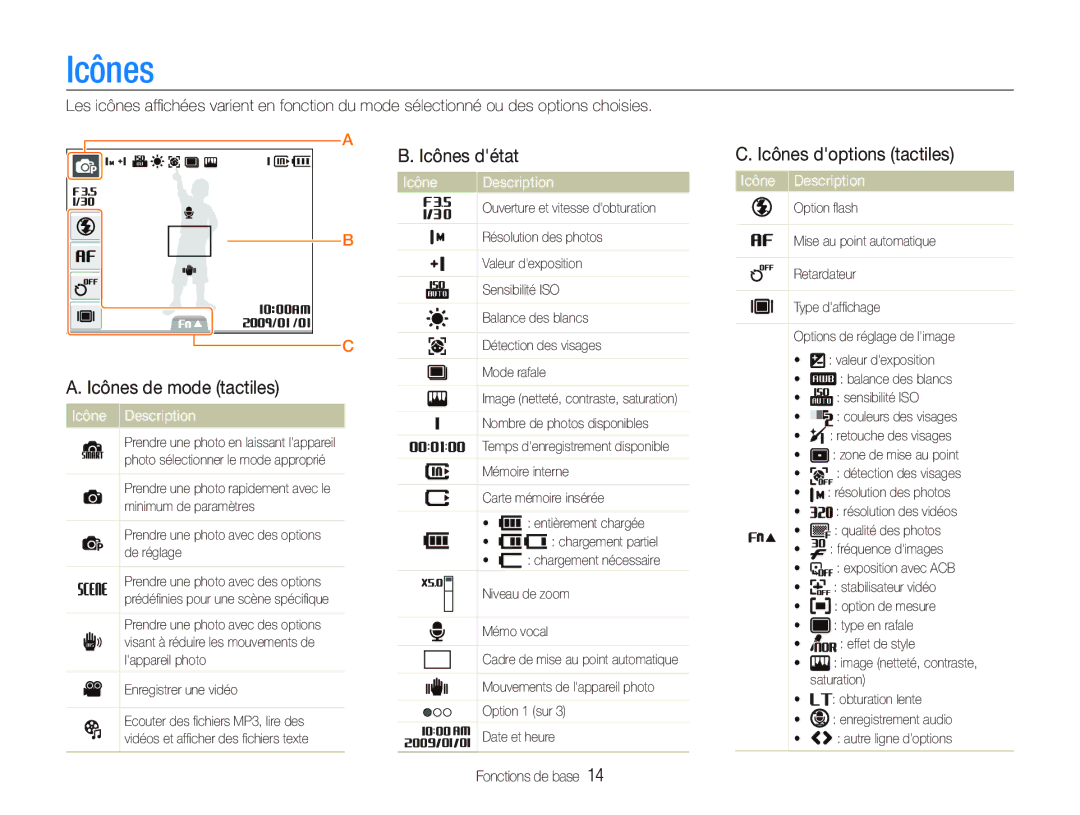 Samsung EC-ST10ZABP/FR manual Icônes de mode tactiles, Icônes détat, Icônes doptions tactiles, Icône Description 