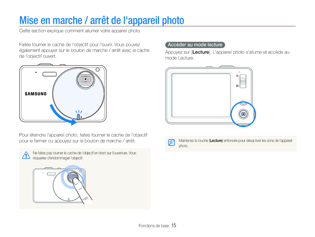 Samsung EC-ST10ZABP/FR manual Mise en marche / arrêt de lappareil photo, Accéder au mode lecture 