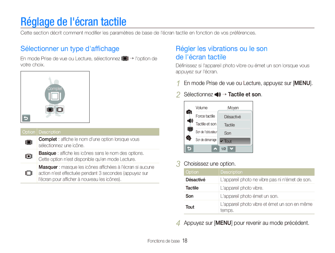 Samsung EC-ST10ZABP/FR manual Réglage de lécran tactile, Sélectionner un type dafﬁchage, Choisissez une option 