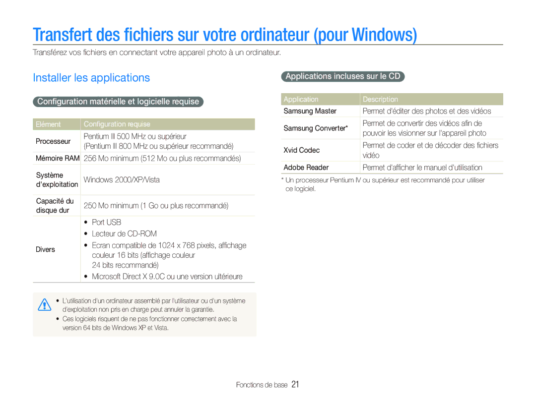 Samsung EC-ST10ZABP/FR manual Transfert des ﬁchiers sur votre ordinateur pour Windows, Installer les applications 