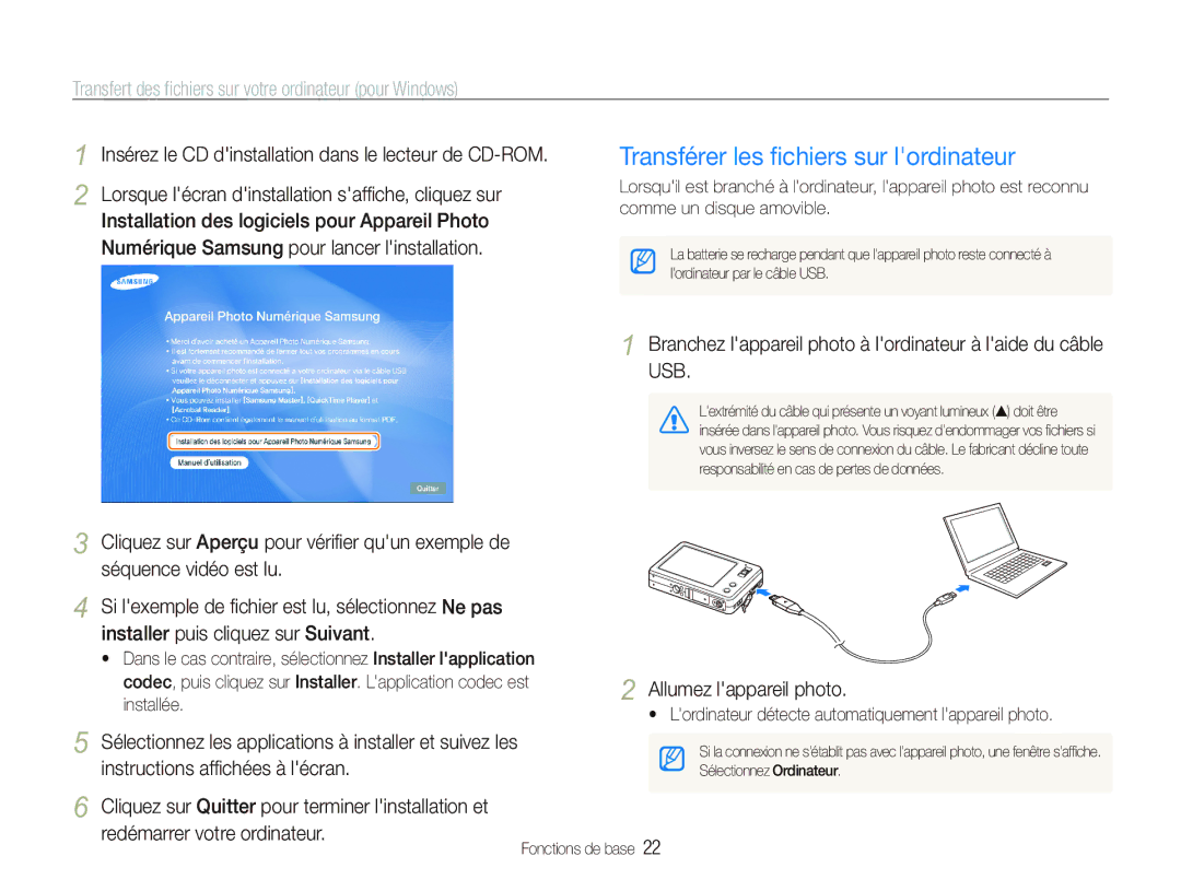 Samsung EC-ST10ZABP/FR Transférer les ﬁchiers sur lordinateur, Transfert des ﬁchiers sur votre ordinateur pour Windows 