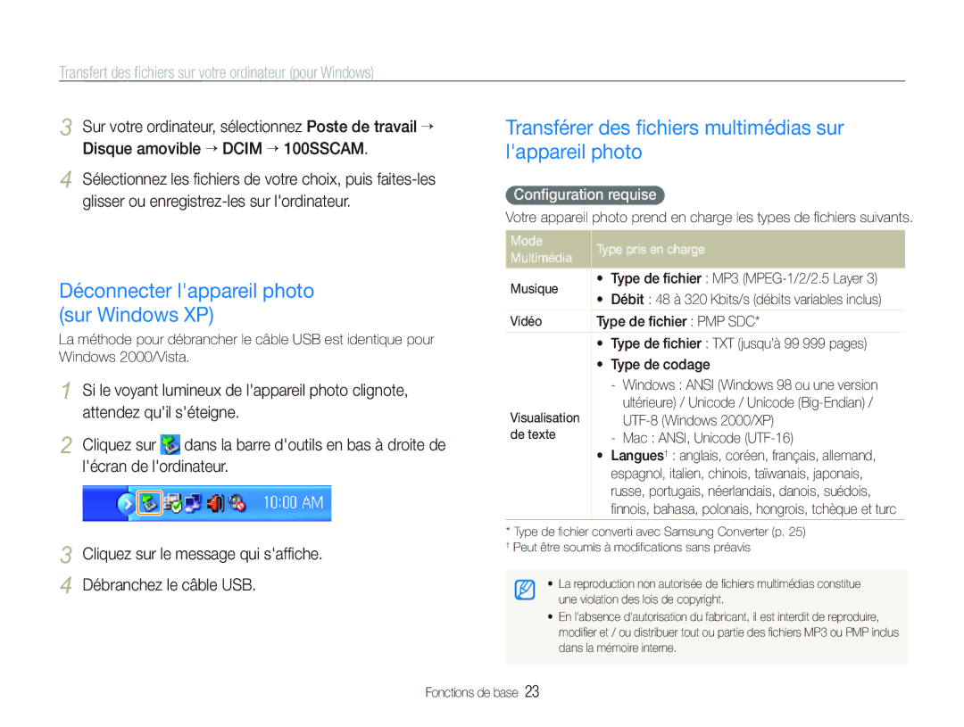 Samsung EC-ST10ZABP/FR Transférer des ﬁchiers multimédias sur lappareil photo, Déconnecter lappareil photo sur Windows XP 