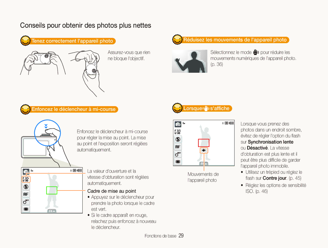 Samsung EC-ST10ZABP/FR Tenez correctement lappareil photo, Réduisez les mouvements de lappareil photo, Lorsque safﬁche 
