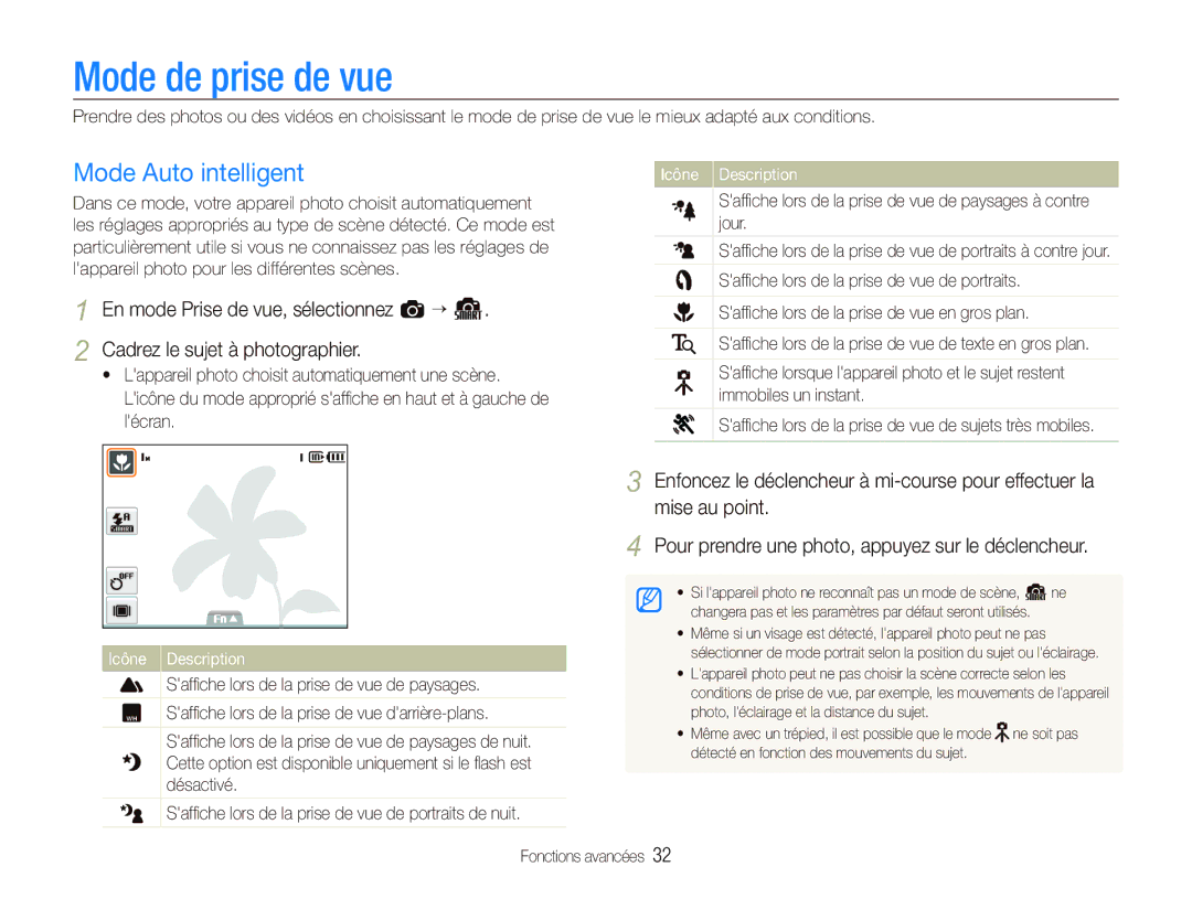 Samsung EC-ST10ZABP/FR manual Mode de prise de vue, Mode Auto intelligent, Fonctions avancées 