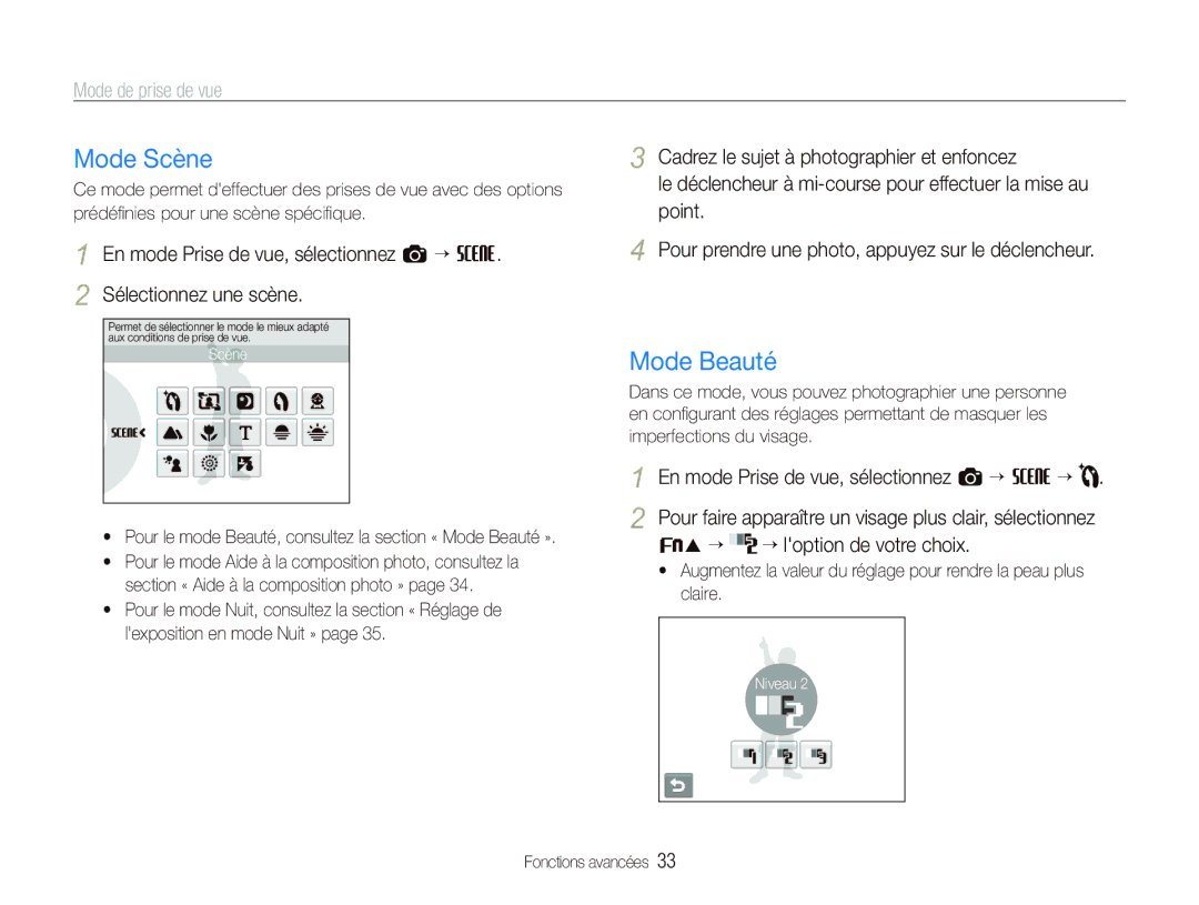 Samsung EC-ST10ZABP/FR manual Mode Scène, Mode Beauté, Mode de prise de vue, En mode Prise de vue, sélectionnez a “ s ““ 