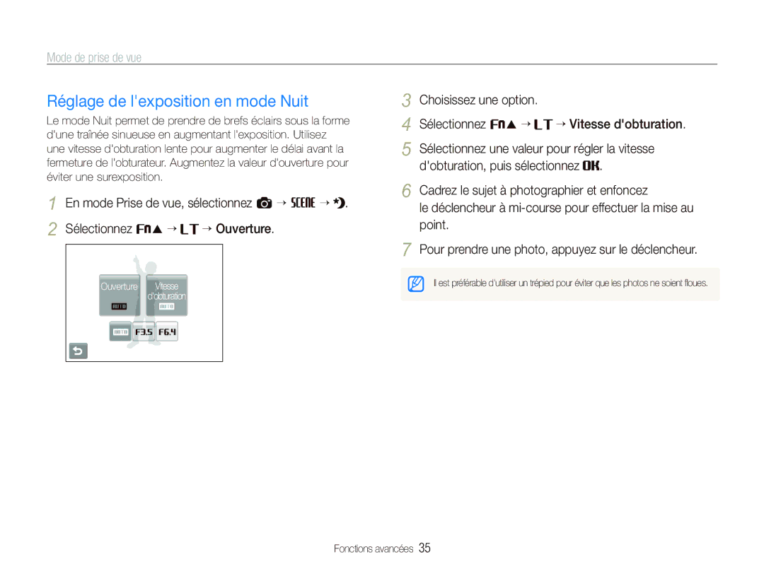 Samsung EC-ST10ZABP/FR manual Réglage de lexposition en mode Nuit, Choisissez une option Sélectionnez f “ 