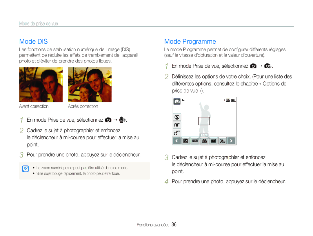 Samsung EC-ST10ZABP/FR manual Mode DIS, Mode Programme, En mode Prise de vue, sélectionnez a ““d, Point 