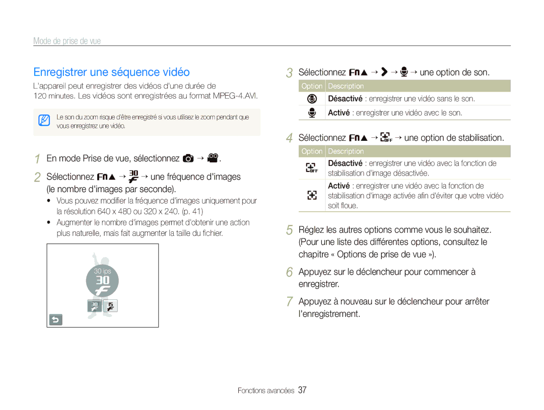 Samsung EC-ST10ZABP/FR manual Enregistrer une séquence vidéo, Sélectionnez f ¡ ¡¡ ¡¡une option de son 