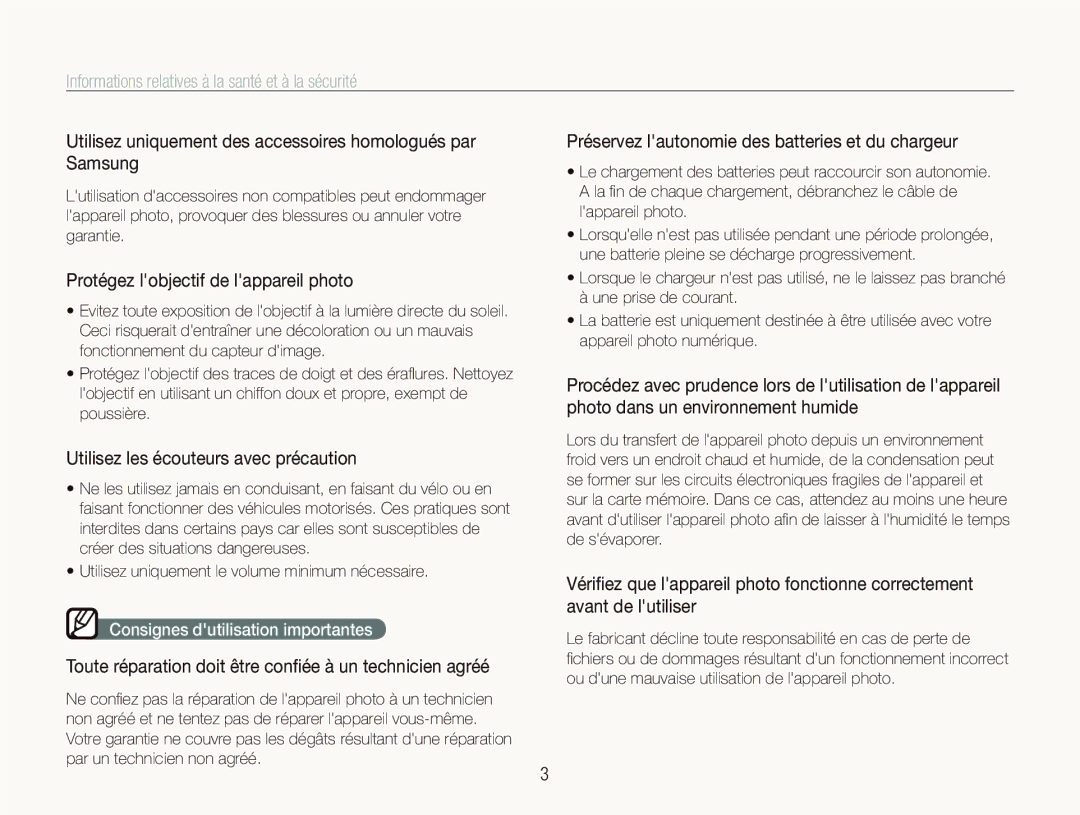 Samsung EC-ST10ZABP/FR Utilisez uniquement des accessoires homologués par Samsung, Protégez lobjectif de lappareil photo 