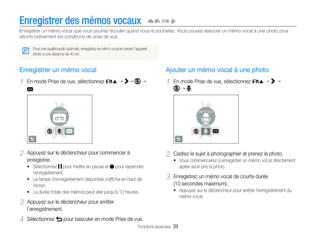 Samsung EC-ST10ZABP/FR Enregistrer des mémos vocaux a p s d, Enregistrer un mémo vocal, Ajouter un mémo vocal à une photo 