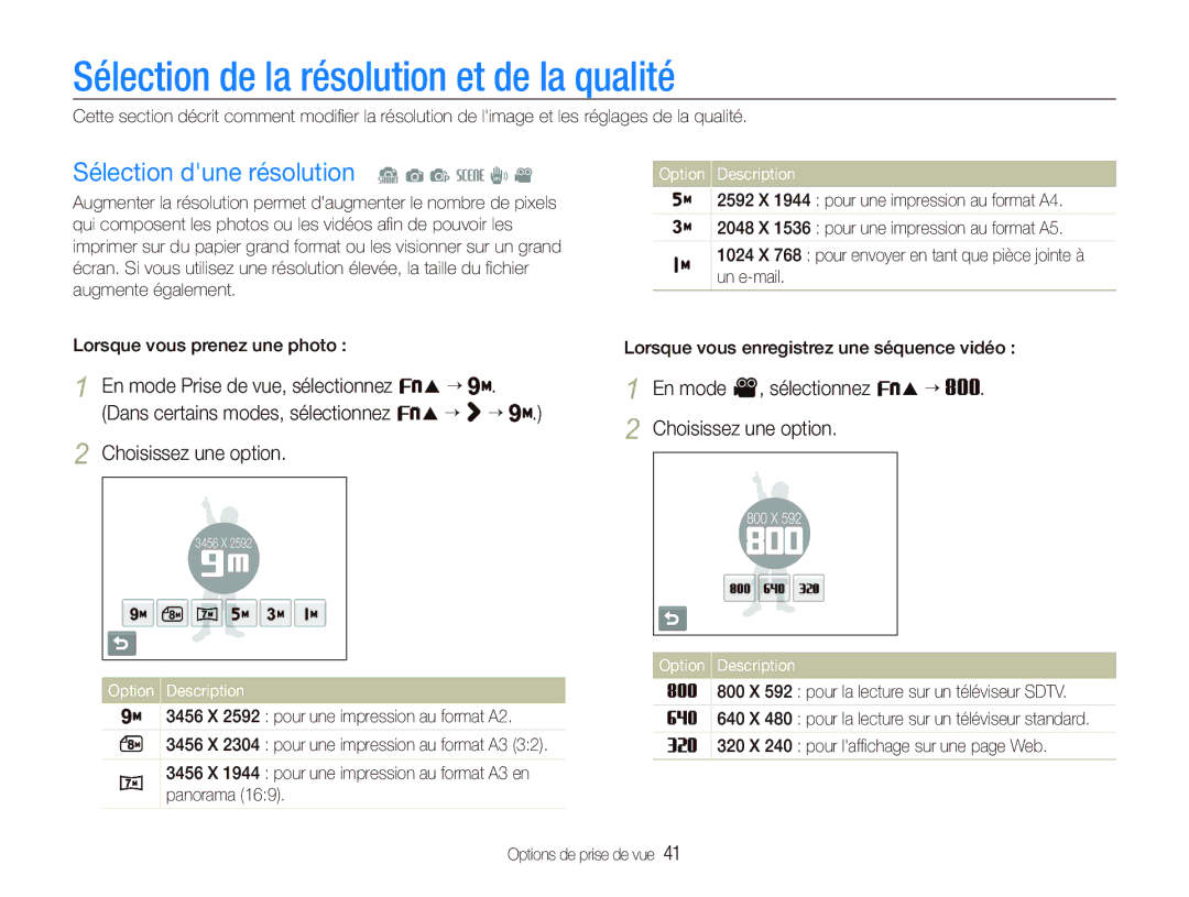 Samsung EC-ST10ZABP/FR manual Sélection de la résolution et de la qualité, Sélection dune résolution S a p s d 