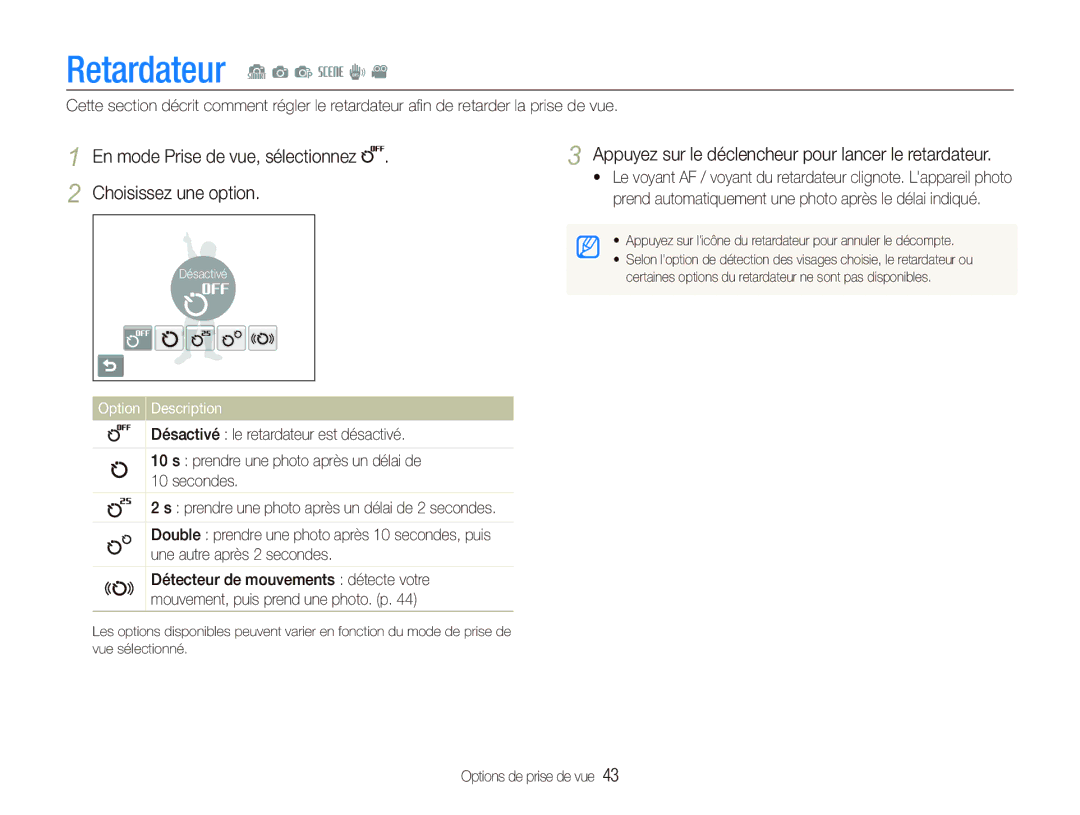 Samsung EC-ST10ZABP/FR manual Retardateur S a p s d, En mode Prise de vue, sélectionnez Choisissez une option 