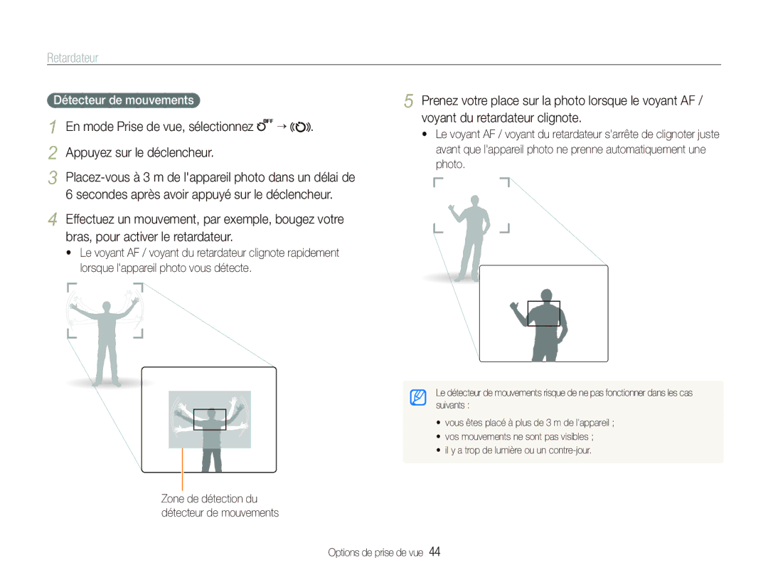 Samsung EC-ST10ZABP/FR manual Retardateur, Détecteur de mouvements 
