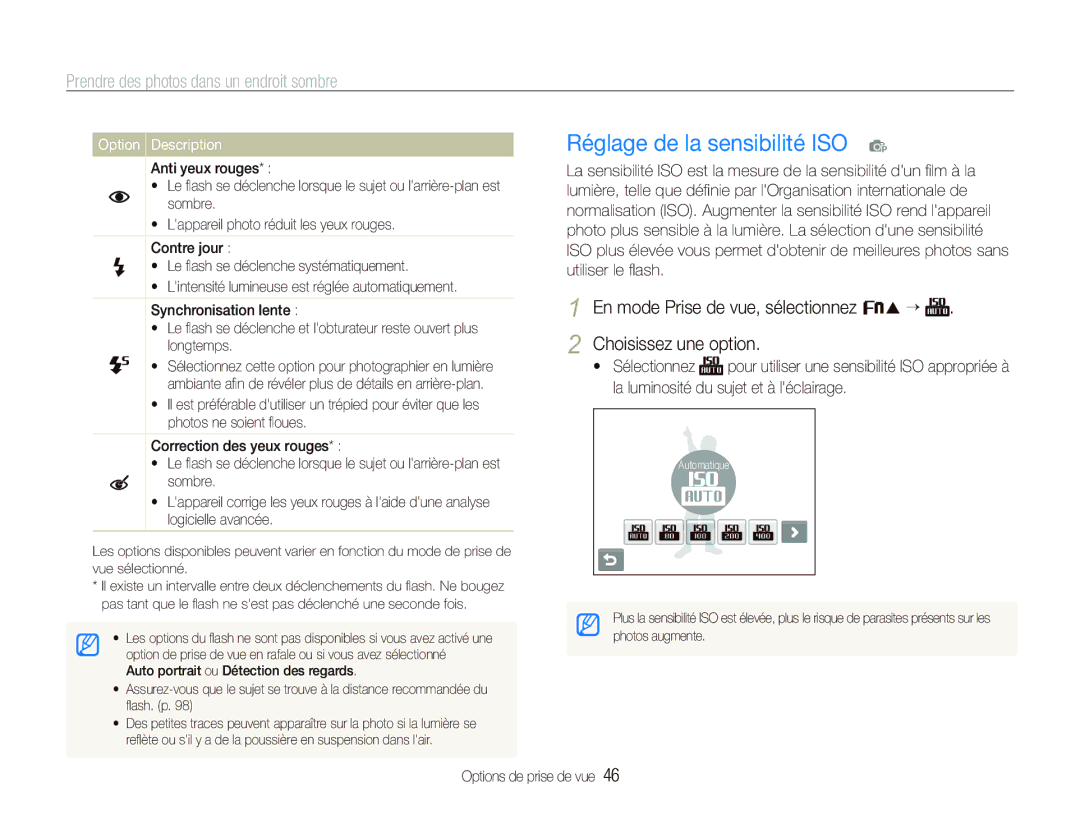 Samsung EC-ST10ZABP/FR manual Réglage de la sensibilité ISO p, Prendre des photos dans un endroit sombre 