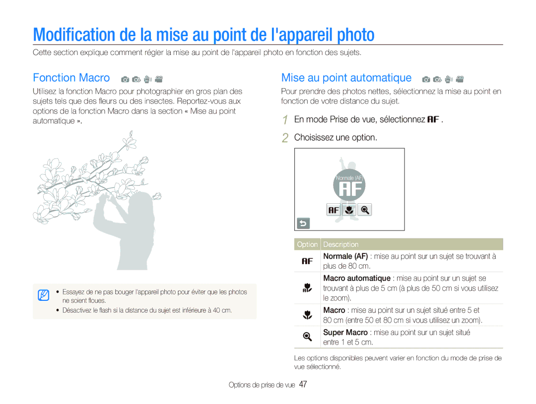 Samsung EC-ST10ZABP/FR manual Modiﬁcation de la mise au point de lappareil photo, Fonction Macro a p d 