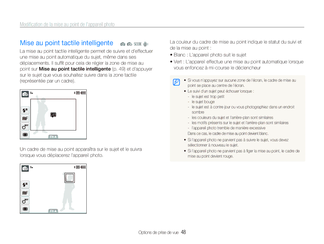 Samsung EC-ST10ZABP/FR Mise au point tactile intelligente a p s d, Modiﬁcation de la mise au point de lappareil photo 