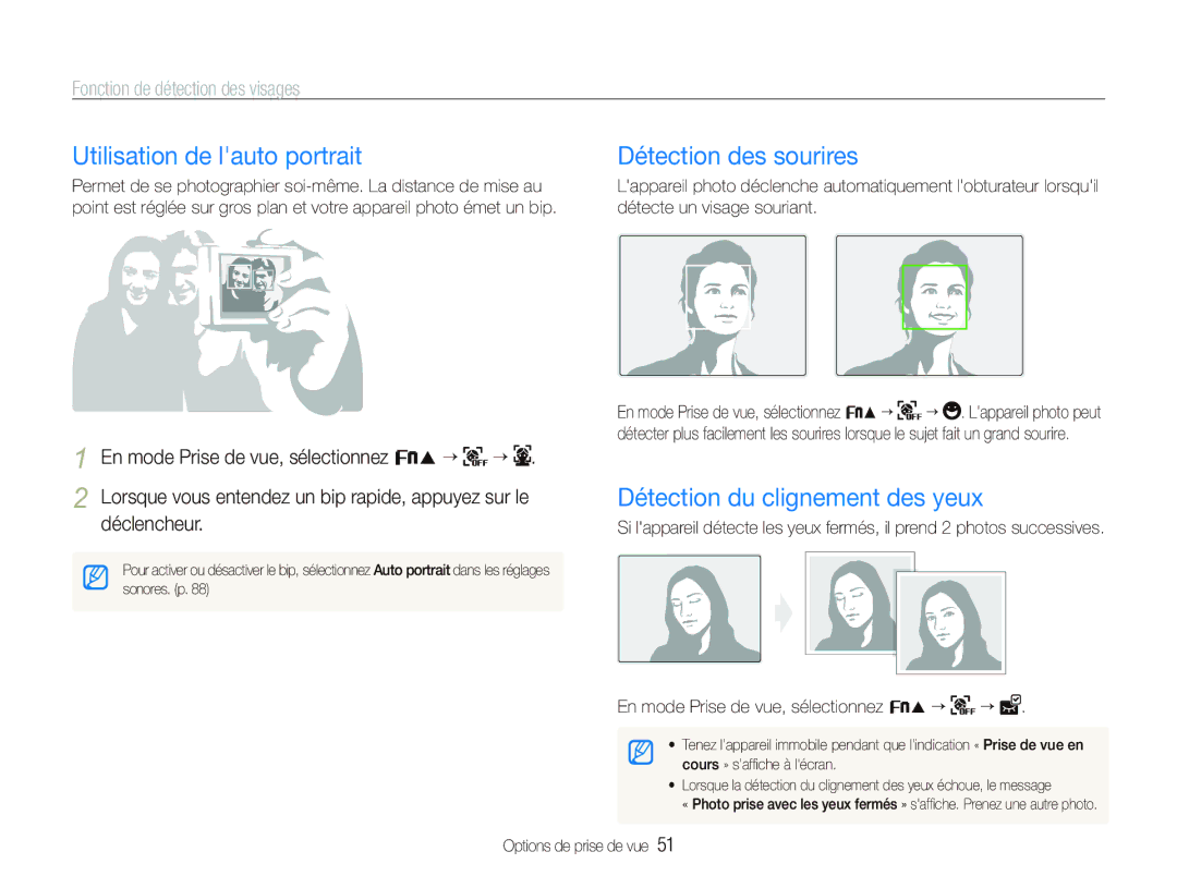 Samsung EC-ST10ZABP/FR manual Utilisation de lauto portrait, Détection des sourires, Détection du clignement des yeux 