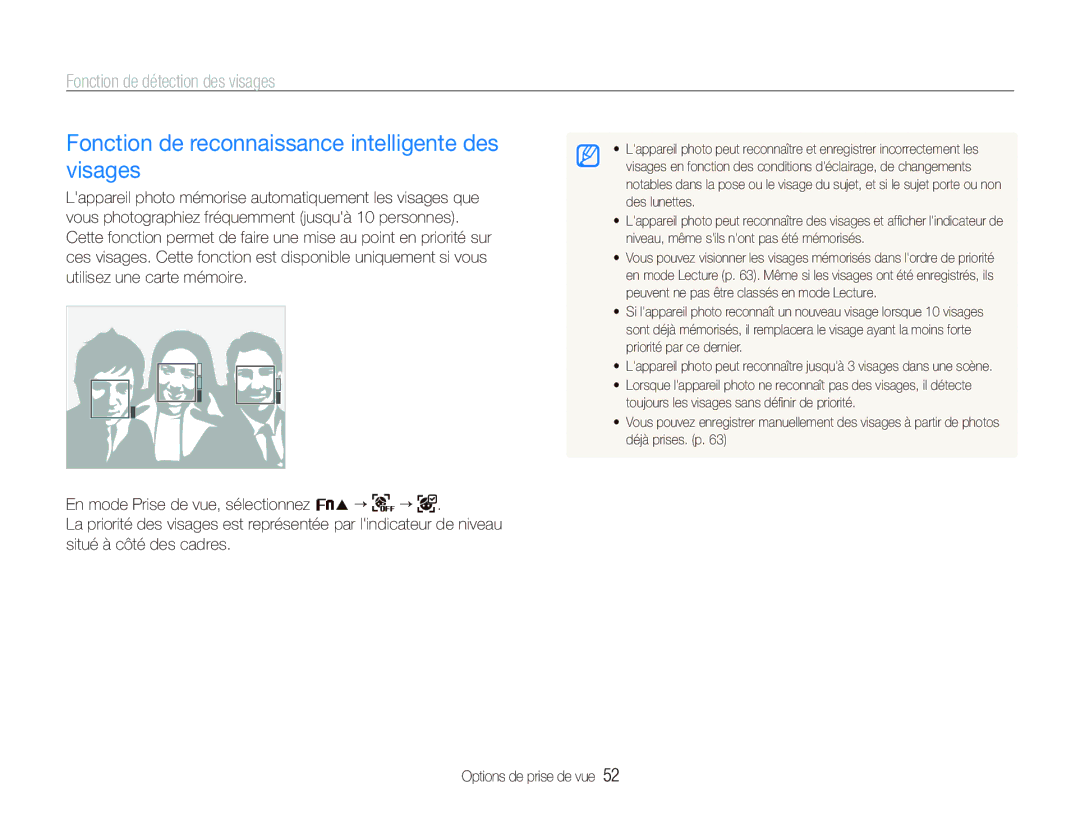 Samsung EC-ST10ZABP/FR manual Fonction de reconnaissance intelligente des visages 