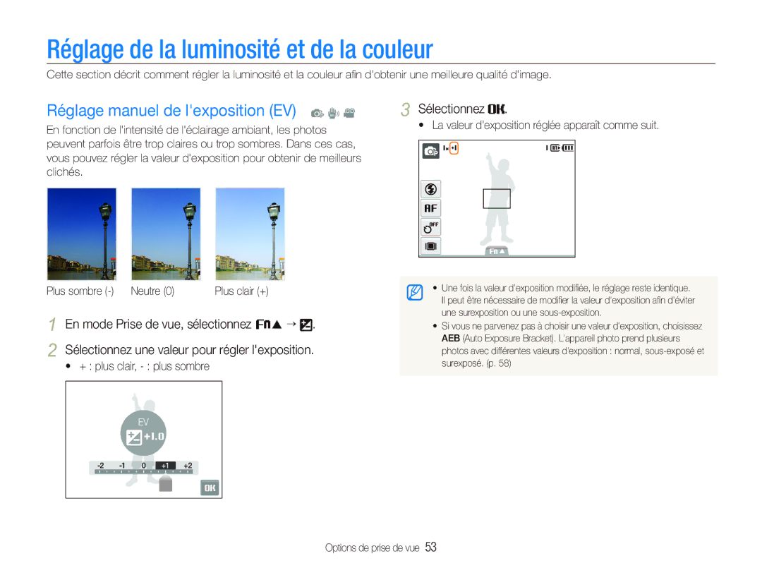 Samsung EC-ST10ZABP/FR manual Réglage de la luminosité et de la couleur, Réglage manuel de lexposition EV p d, Sélectionnez 