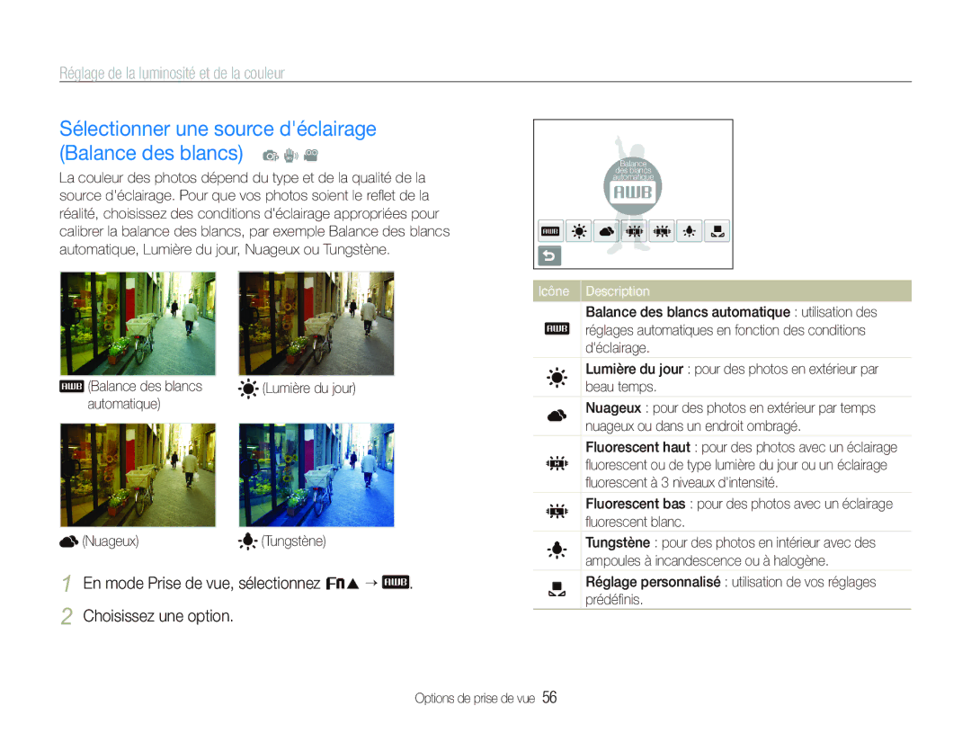 Samsung EC-ST10ZABP/FR manual Sélectionner une source déclairage Balance des blancs p d, Icône Description 