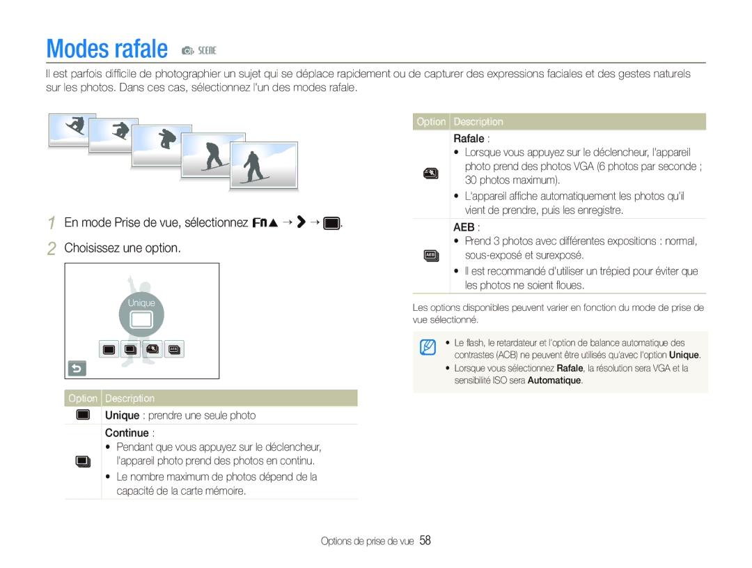 Samsung EC-ST10ZABP/FR manual Modes rafale p s, Unique prendre une seule photo Continue 