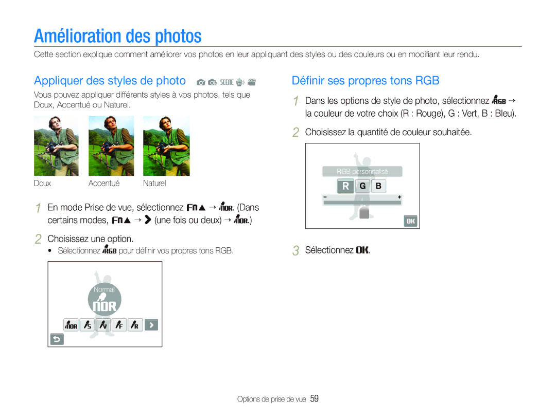 Samsung EC-ST10ZABP/FR manual Amélioration des photos, Appliquer des styles de photo a p s d, Déﬁnir ses propres tons RGB 