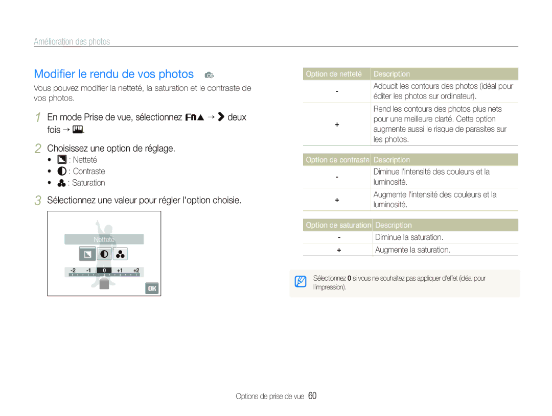 Samsung EC-ST10ZABP/FR manual Modiﬁer le rendu de vos photos p, Amélioration des photos, Option de netteté Description 