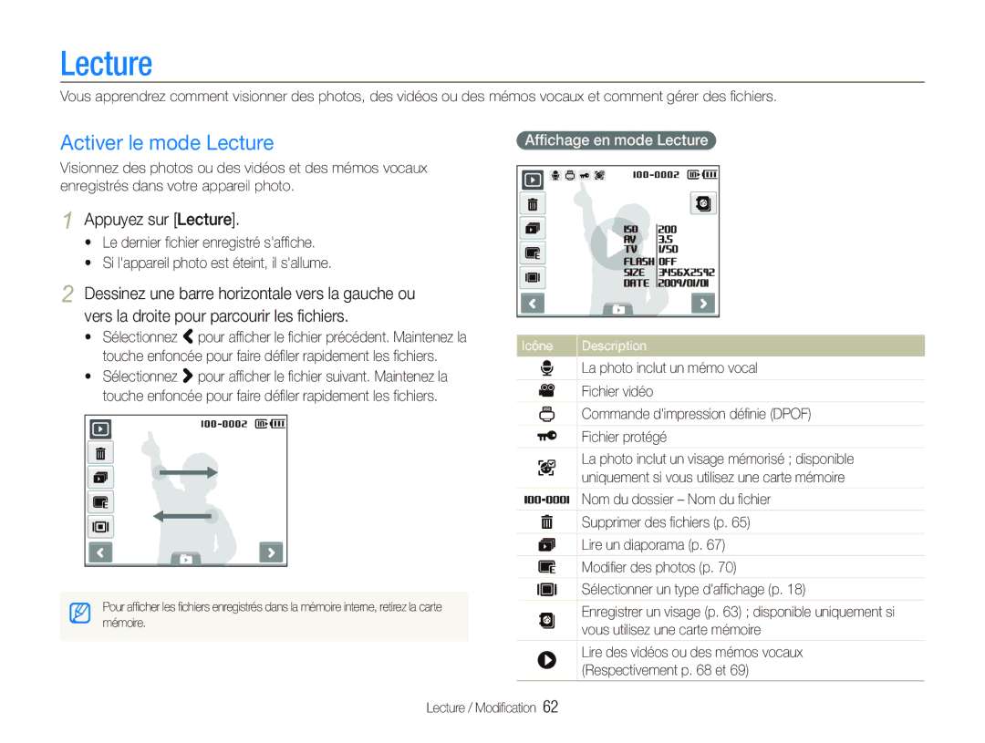 Samsung EC-ST10ZABP/FR Activer le mode Lecture, Appuyez sur Lecture, Afﬁchage en mode Lecture, Lecture / Modiﬁcation 